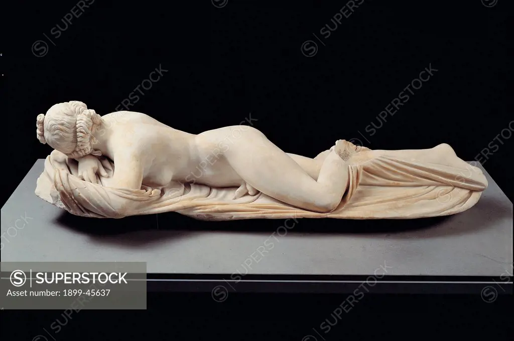 Sleeping Hermaphrodite, by Unknown artist, 2nd Century, Luni marble, full relief. Italy: Lazio: Rome: Palazzo Massimo alle Terme. Whole artwork. Naked body gluteus hermaphrodite sleeping drape view back work from a private urban building