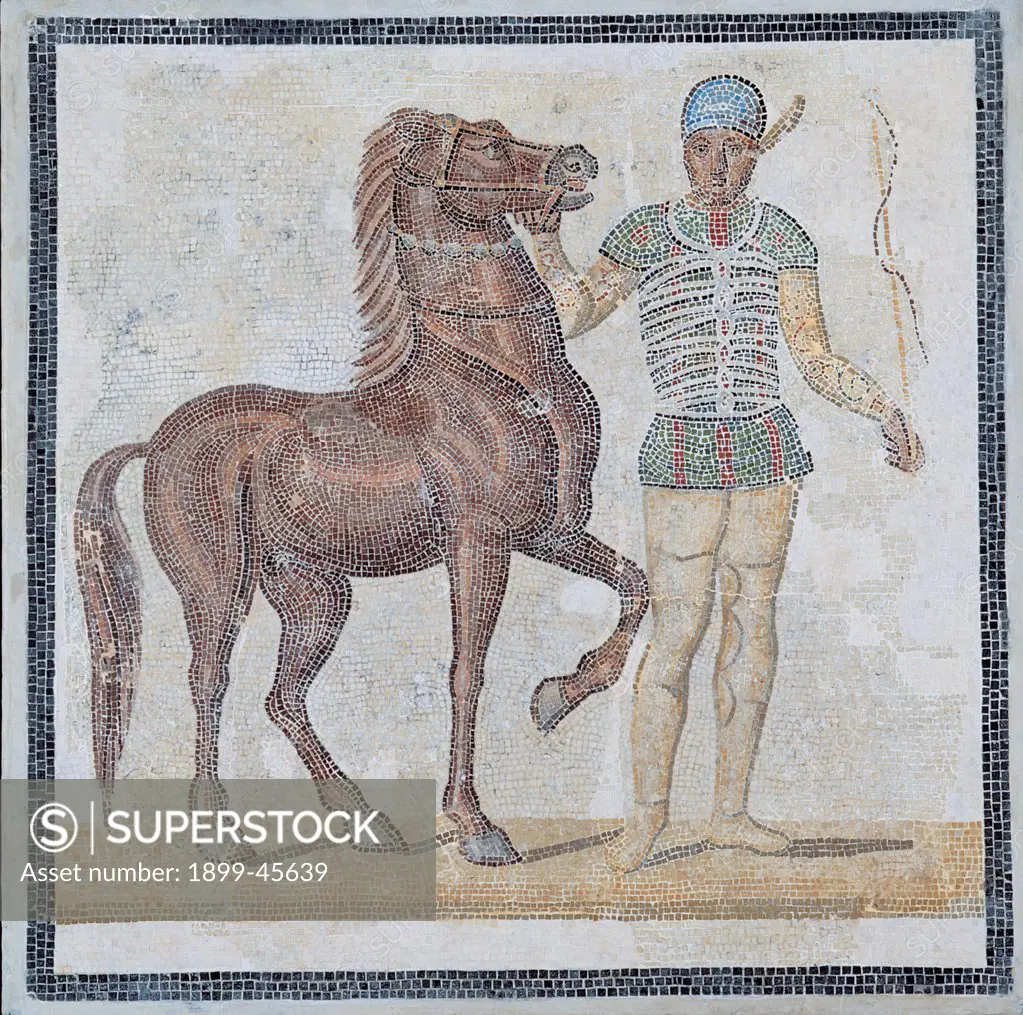 Auriga of the Circus, by Unknown artist, 3rd Century, mosaic. Italy: Lazio: Rome: Palazzo Massimo alle Terme. Whole artwork. Horse auriga man whip