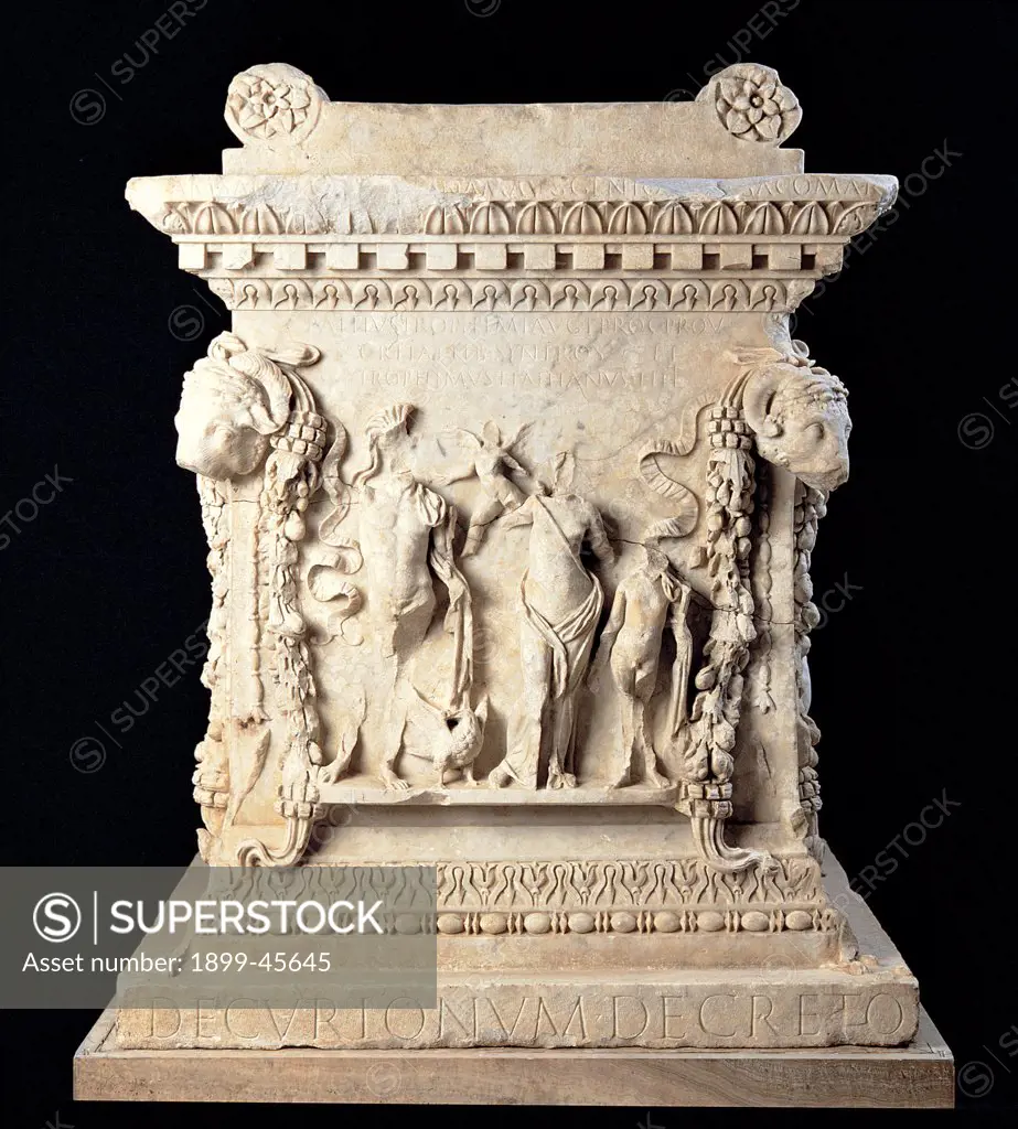 Altar of Mars and Venus, by Unknown artist, 53 - 117,, Luni Marble. Italy. Lazio. Rome. Palazzo Massimo alle Terme. Sala V - inv. 324. View of the main front side depicting the divine wedding between Mars and Venus Cupid garlands ram altar from the arcade of Piazzale delle Corporazioni in Ostia (1880). State of preservation of many breaks and cracks, fragmentary protomorphic rams
