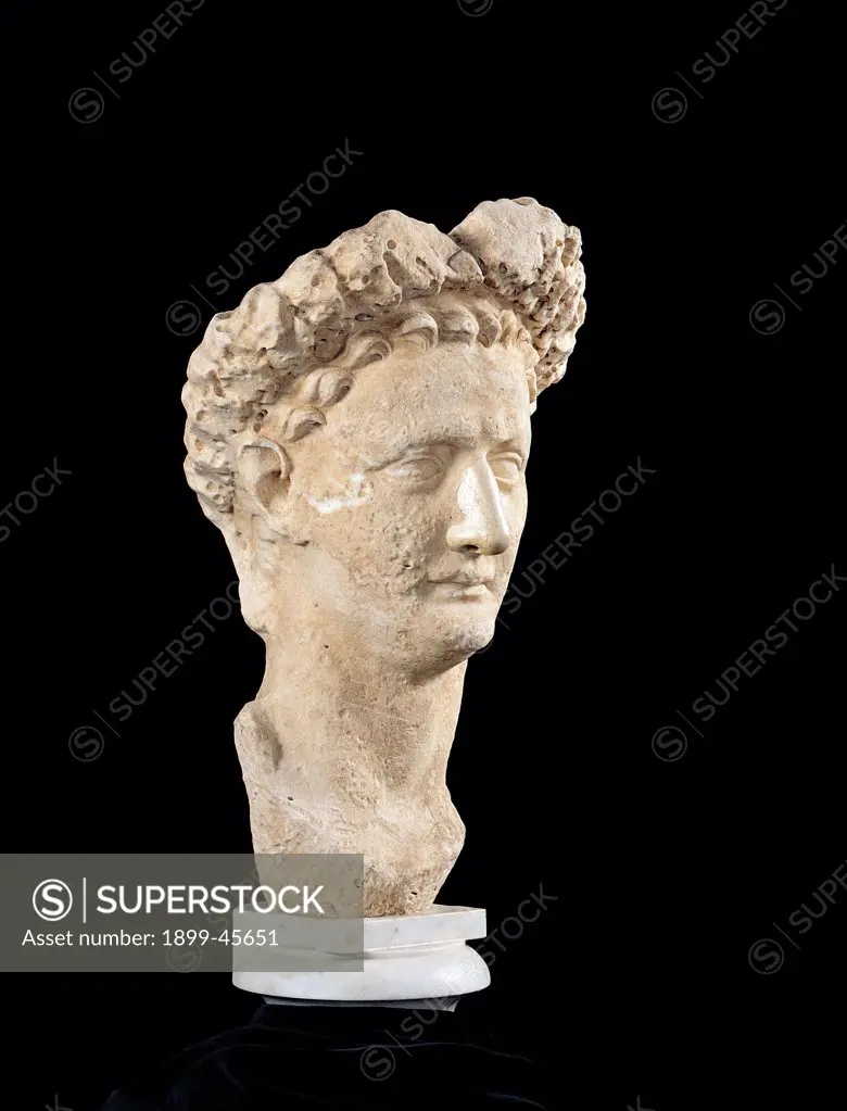 Portrait of Domitian with Civic Crown, by Unknown artist, 1st Century, marble. Italy. Lazio. Rome. Palazzo Massimo alle Terme. inv. 115191. Whole artwork. Left view. Portrait of Domitian with civic crown. State of preservation of diffuse and superficial corrosion. Gaps in the crown. Nose rebuilt in plaster