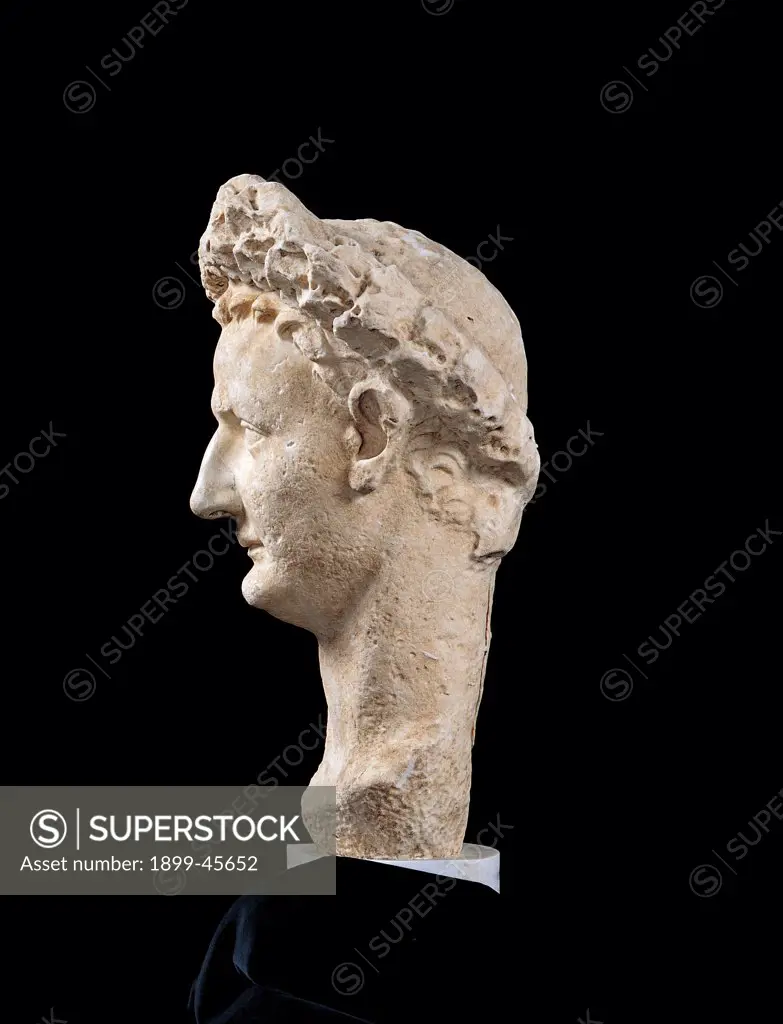 Portrait of Domitian with Civic Crown, by Unknown artist, 1st Century, marble. Italy. Lazio. Rome. Palazzo Massimo alle Terme. inv. 115191. Whole artwork. Profile view. Portrait of Domitian with civic crown State of preservation of diffuse and superficial corrosion. Gaps in the crown. Nose rebuilt in plaster