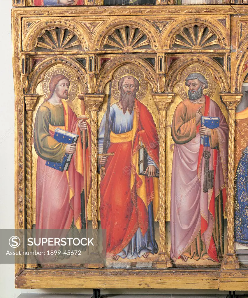 Polyptych, by Simone dei Crocifissi, 1385 - 1390, 14th Century, tempera on panel. Italy: Emilia Romagna: Bologna: National Gallery of Art. Detail. Three figure Saints/Sts James Paul Peter sword keys book aureole gold red yellow blue violet