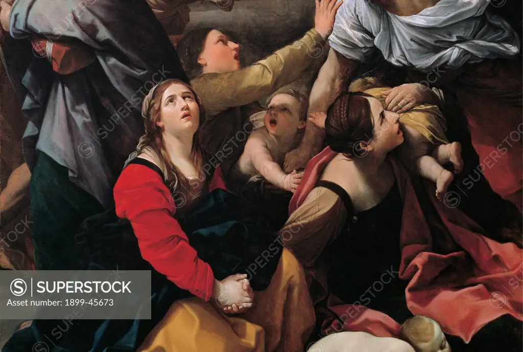 Massacre of the Innocents, by Reni Guido, 1611, 17th Century, oil on canvas. Italy: Emilia Romagna: Bologna: National Gallery of Art. Detail. Drama group women crying children weeping screams chiaroscuro killing