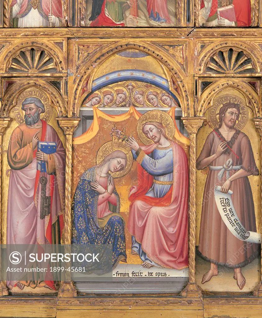 Polyptych, by Simone dei Crocifissi, 1385 - 1390, 14th Century, tempera on panel. Italy: Emilia Romagna: Bologna: National Gallery of Art. Detail. Figures saints/Sts Peter keys aureole gold red violet yellow blue coronation Virgin Mary Christ John the Baptist crown