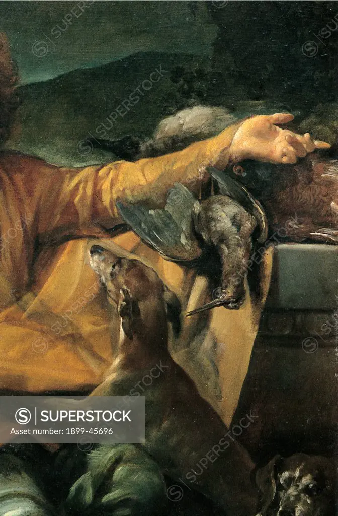 The Hunter, by Crespi Giuseppe Maria know as Spagnuolo (or Spagnolo), 1720 - 1730, 18th Century, oil on canvas. Italy: Emilia Romagna: Bologna: National Gallery of Art. Detail. Dog man game birds drapery drape jacket yellow green gray chiaroscuro light shadow