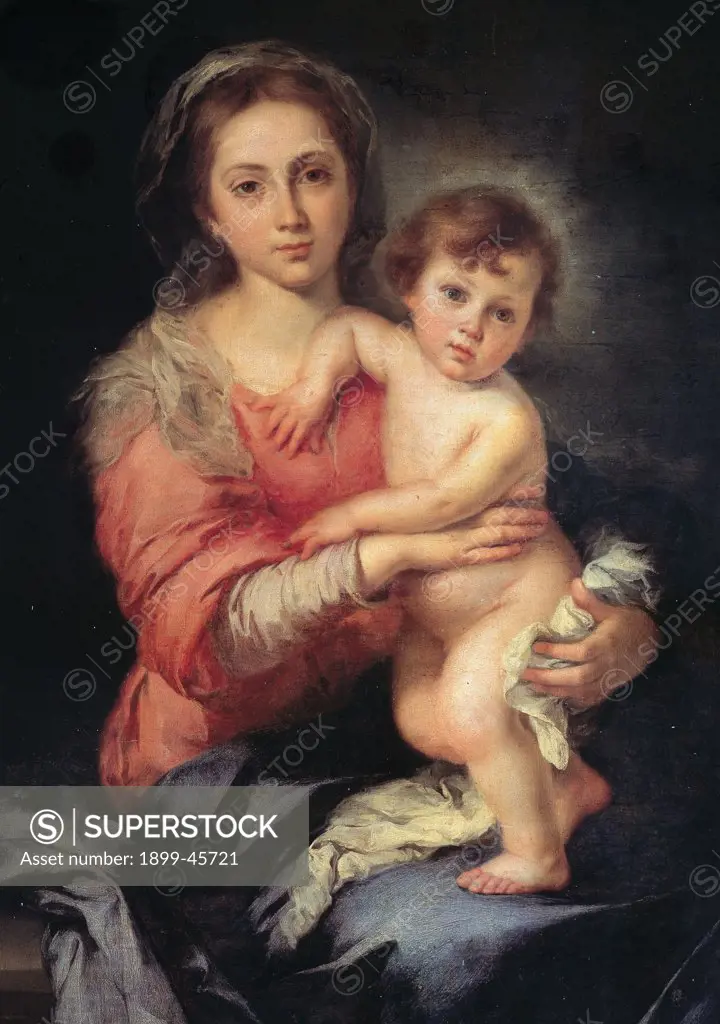 Madonna and Child, by Murillo Bartolome Esteban, 1650 - 1655, 17th Century, oil on canvas. Italy: Tuscany: Florence: Palazzo Pitti. Detail. Madonna Baby/Child Jesus naked/nude embrace/hug dress red cloak/mantle blue glow/halo light