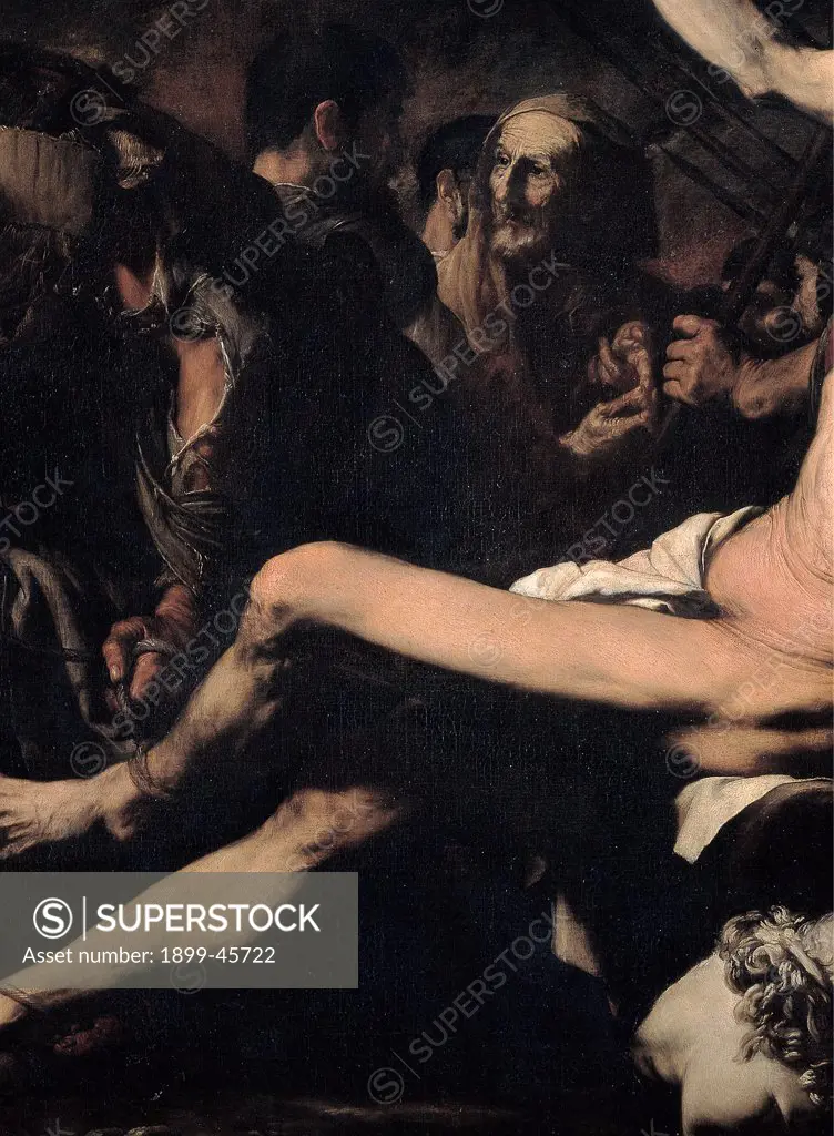 Martyrdom of St Bartholomew, by Ribera Jusepe de known as Spagnoletto, 1620 - 1624, 17th Century, oil on canvas. Italy: Tuscany: Florence: Palazzo Pitti. Detail. Martyrdom saint naked/nude man leg loincloth St Bartholomew executioner ropes onlookers/bystanders men