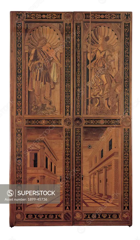 Door with Apollo, Pallas and views using perspective (The Angels' Hall), by Florence Inlayers, 1474, 15th Century, inlaid woods. Italy: Marche: Pesaro Urbino: Urbino: Galleria Nazionale delle Marche. Whole artwork. Door panel inlay carving frames Renaissance city perspective niches apses figures Pallas woman shield lance Apollo man violin bow serpent snake