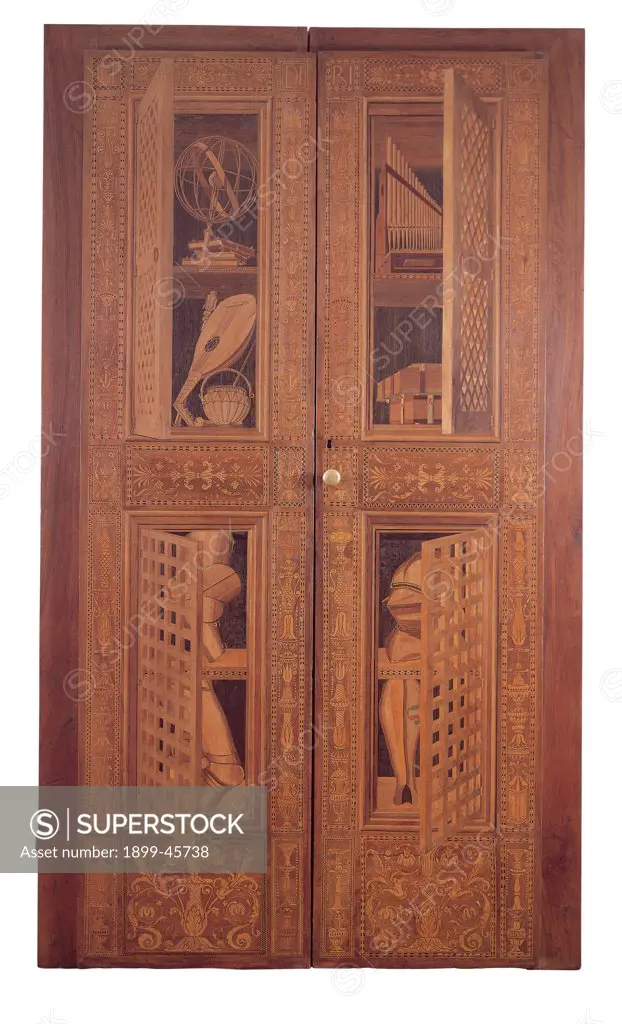 Door with mathematical and musical instruments, books and portions of armour (Audience Chamber), by Florence Inlayers, 1474, 15th Century, inlaid woods. Italy: Marche: Pesaro Urbino: Urbino: Galleria Nazionale delle Marche. Whole artwork. Door panels inlay grotesques decorations wood imitation-jambs instruments astrolabe mandolin books armor helmet greaves