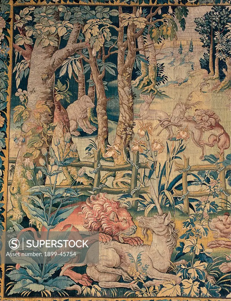 Landscapes with animals, by Craftsmanship of Bruxelles, 17th Century, tapestry. Italy: Marche: Pesaro Urbino: Urbino: Galleria Nazionale delle Marche. Detail. Tapestry rug carpet forest fence trees foliage bear deer lion unicorn green yellow ochre
