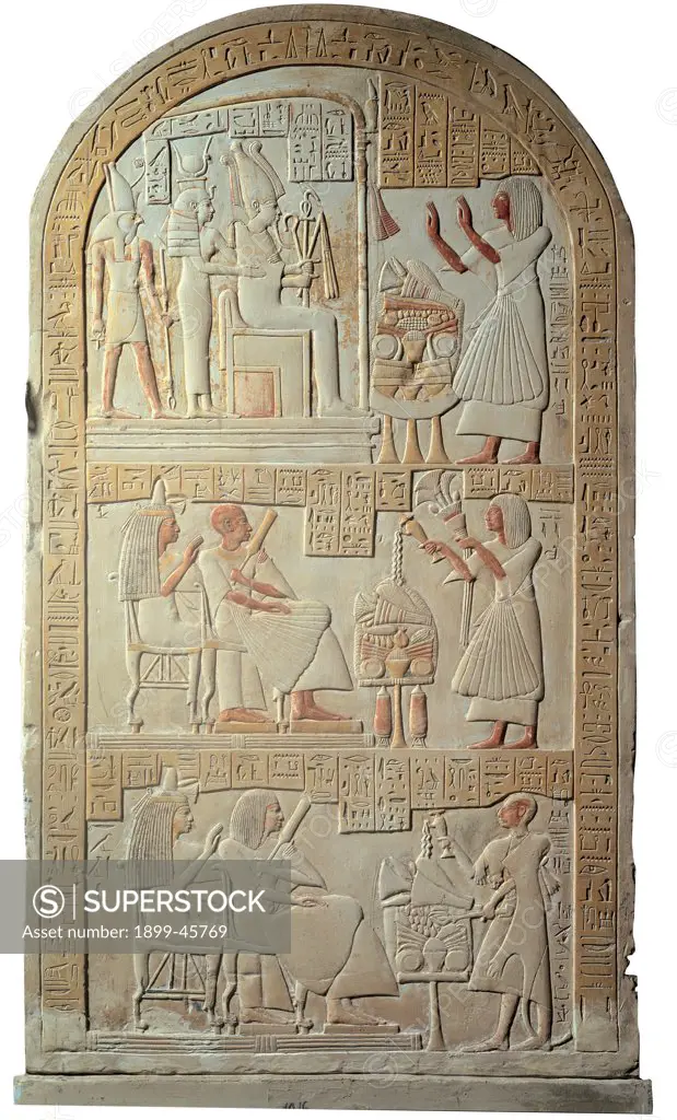 Funeral stele of Hui, by Unknown artist, 1295 - 1069,, bas, relief, painted limestone. Italy: Campania: Naples: National Archaeological Museum. Whole artwork. Carved arched funeral stele bas-relief deceased Egyptian man Hui Osiris throne Isis-Hathor Horus hieroglyphs
