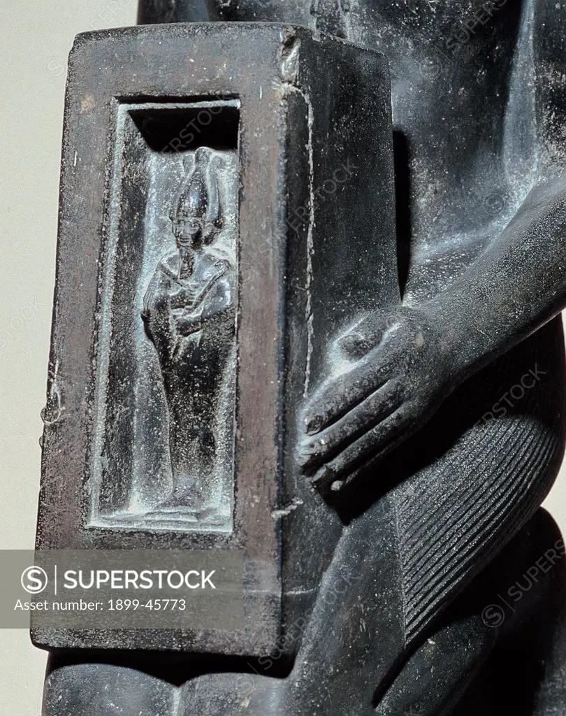 Farnese Naophore- statue of UAH - Ib - Ra Mary  kneeling Neith, by Unknown artist, 664 - 525,, basalt, full relief. Italy: Campania: Naples: National Archaeological Museum. Detail. Statuette Egyptian man noble Naophore seal-holder priest Naos Osiris