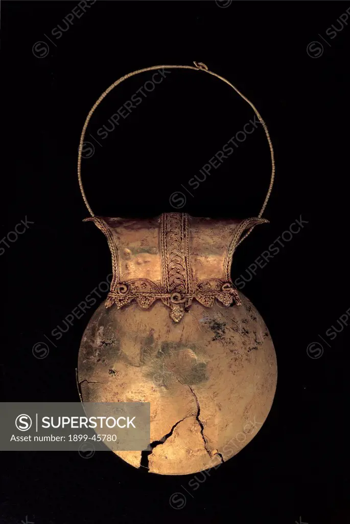 Golden Bulla, by Unknown artist, 1st Century, gold leaf with filigree decoration. Italy: Campania: Naples: National Archaeological Museum. Whole artwork. Golden bulla necklace decoration interlacement/plaiting/weaving gold