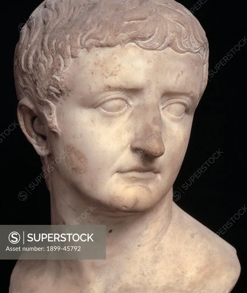 Bust of Tiberius, by Unknown artist, 1st Century, marble, full relief. Italy: Campania: Naples: National Archaeological Museum. Detail. Man's bust male portrait face man Emperor Tiberius
