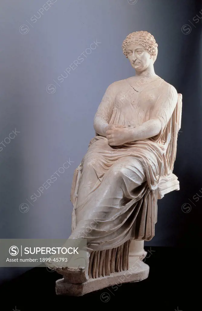 So-called Agrippina, by Unknown artist, 69 - 96 d.C.,, white marble, full relief. Italy: Campania: Naples: National Archaeological Museum. Whole artwork. Statue Roman matron woman sitting Agrippina hair in curls