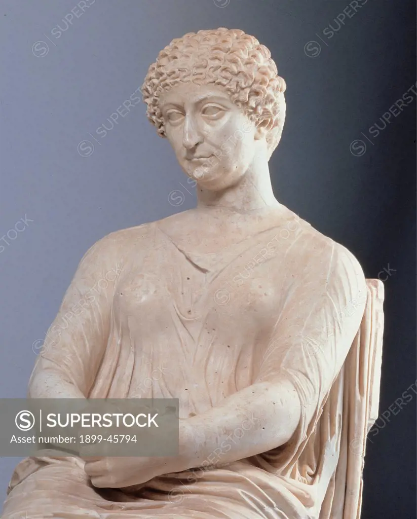So-called Agrippina, by Unknown artist, 69 - 96 d.C.,, white marble, full relief. Italy: Campania: Naples: National Archaeological Museum. Detail. Statue Roman matron woman sitting Agrippina hair in curls