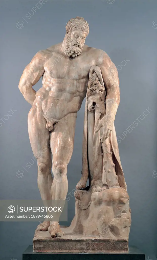 The Farnese Hercules (The Farnese Heracles), by copy from Lisippo, 2nd Century, marble, full relief. Italy: Campania: Naples: National Archaeological Museum. Whole artwork. Statue Hercules Herakles/Heracles demigod nude man beard club lion hide/robe