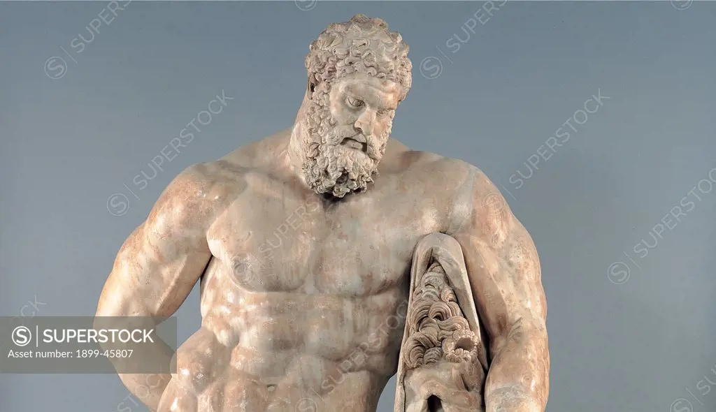 The Farnese Hercules (The Farnese Heracles), by copy from Lisippo, 2nd Century, marble, full relief. Italy: Campania: Naples: National Archaeological Museum. Detail. Statue Hercules Herakles/Heracles demigod club nude man chest muscles beard lion hide/robe