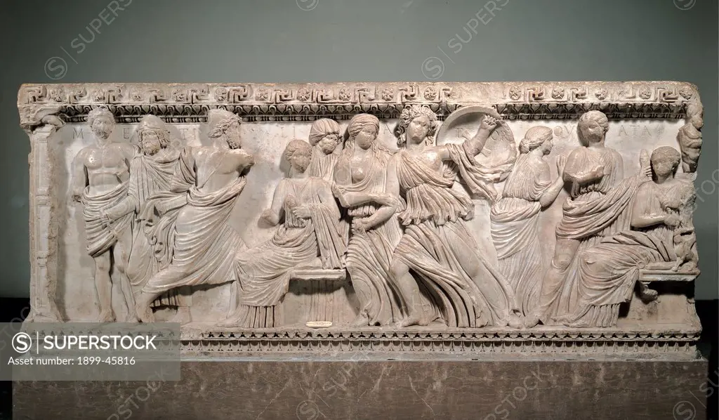 Sarcophagus with the myth of Ulysses, by Unknown artist, 2nd Century, white marble, bas, relief. Italy: Campania: Naples: National Archaeological Museum. Whole artwork. Sarcophagus men women Ulysses Achilles
