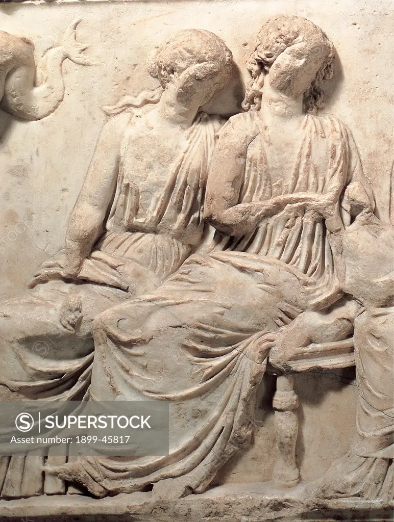 Sarcophagus with the myth of Ulysses, by Unknown artist, 2nd Century, white marble, bas, relief. Italy: Campania: Naples: National Archaeological Museum. Detail. Sarcophagus women
