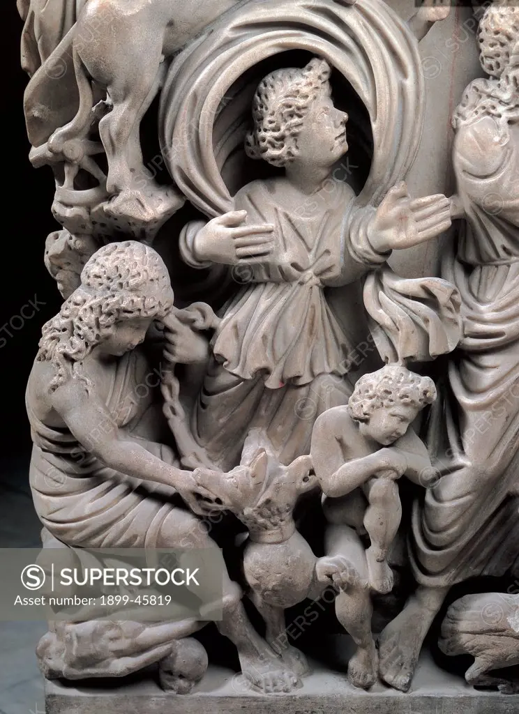 Sarcophagus with the myth of Prometheus, by Unknown artist, 4th Century, white marble, high relief. Italy: Campania: Naples: National Archaeological Museum. Detail. Sarcophagus men women creation deity/divinity the underworld Hades Hecate dog Cerberus