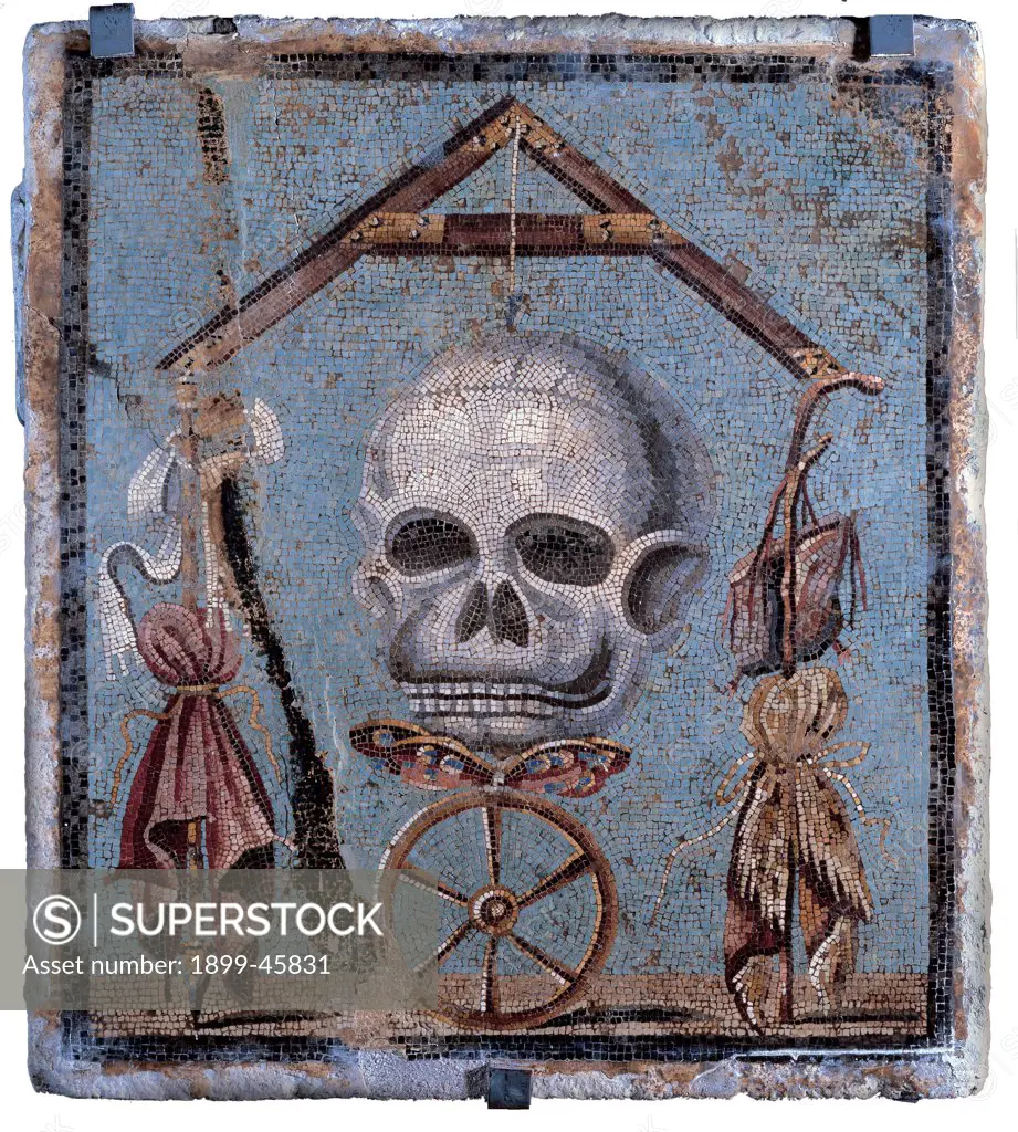 Memento mori, by Alexandrian workers, 1st Century, mosaic floor. Italy: Campania: Naples: National Archaeological Museum. Whole artwork. Floor mosaic floor light blue/azure background skull chiaroscuro/light and shade level white band/bandage scepter purple cloth knapsack/haversack brown mantle wheel memento mori allegory of Death