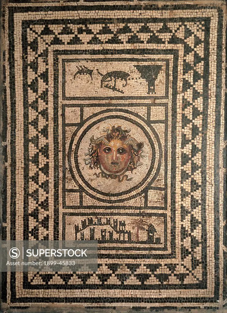 Emblem from House of the Centenario, by Unknown artist, 1st Century, mosaic floor. Italy: Campania: Naples: National Archaeological Museum. Whole artwork. Emblem Emblemata floor mosaic floor border triangles white black head Gorgon scenes of city landscape towered city palm sea ships port