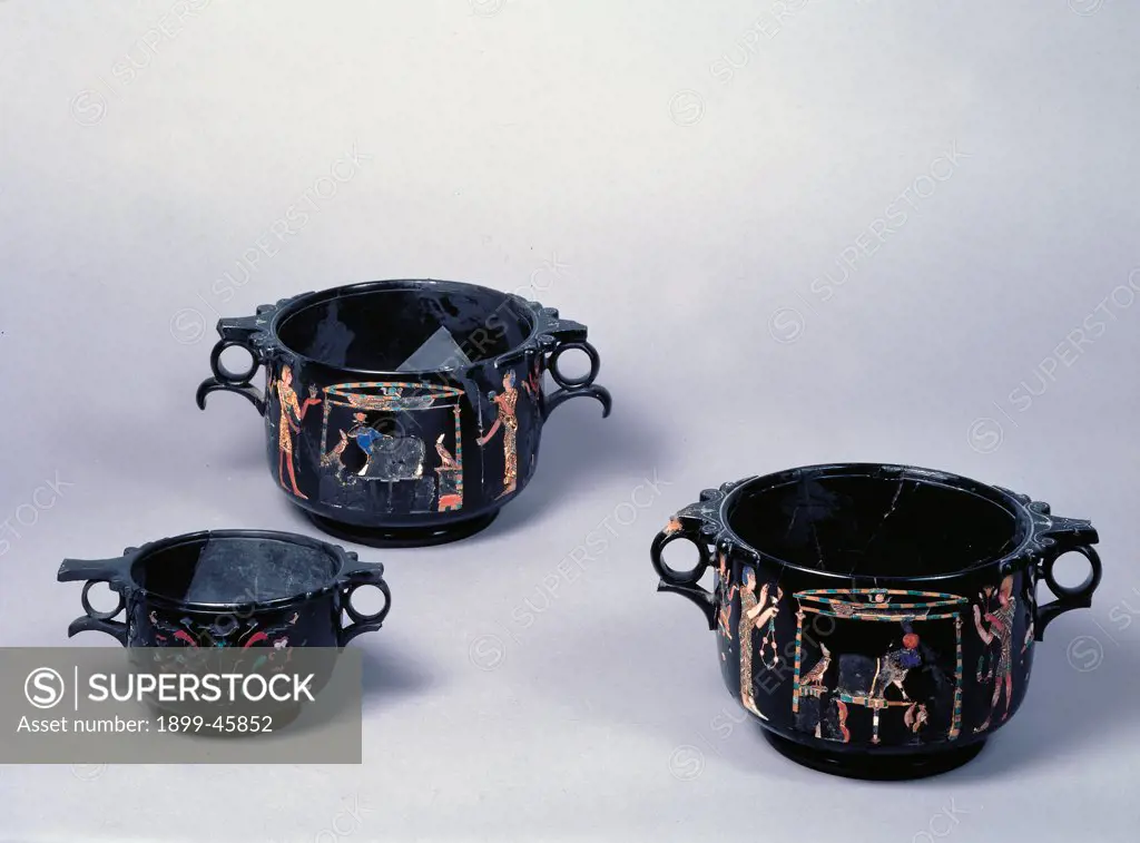 Cups, by Alexandrian workers, 1st Century, shaped and engraved obsidian, coral, semi, precious stones and gold. Italy: Campania: Naples: National Archaeological Museum. Whole artwork. Cup obsidian black handles Egyptianlike decoration woman man offerers/donors vegetable motifs/designs