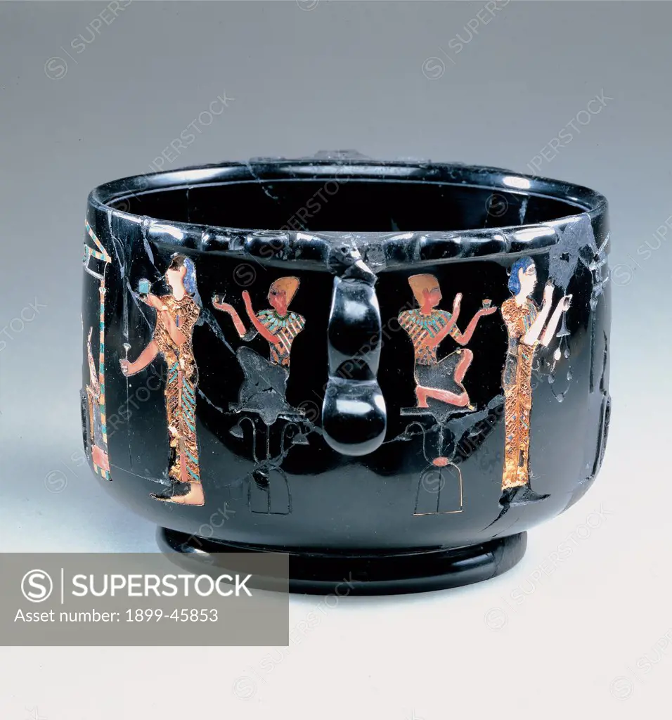 Cups, by Alexandrian workers, 1st Century, shaped and engraved obsidian, coral, semi, precious stones and gold. Italy: Campania: Naples: National Archaeological Museum. Whole artwork. Cup obsidian black handles Egyptianlike decoration woman man offerers/donors