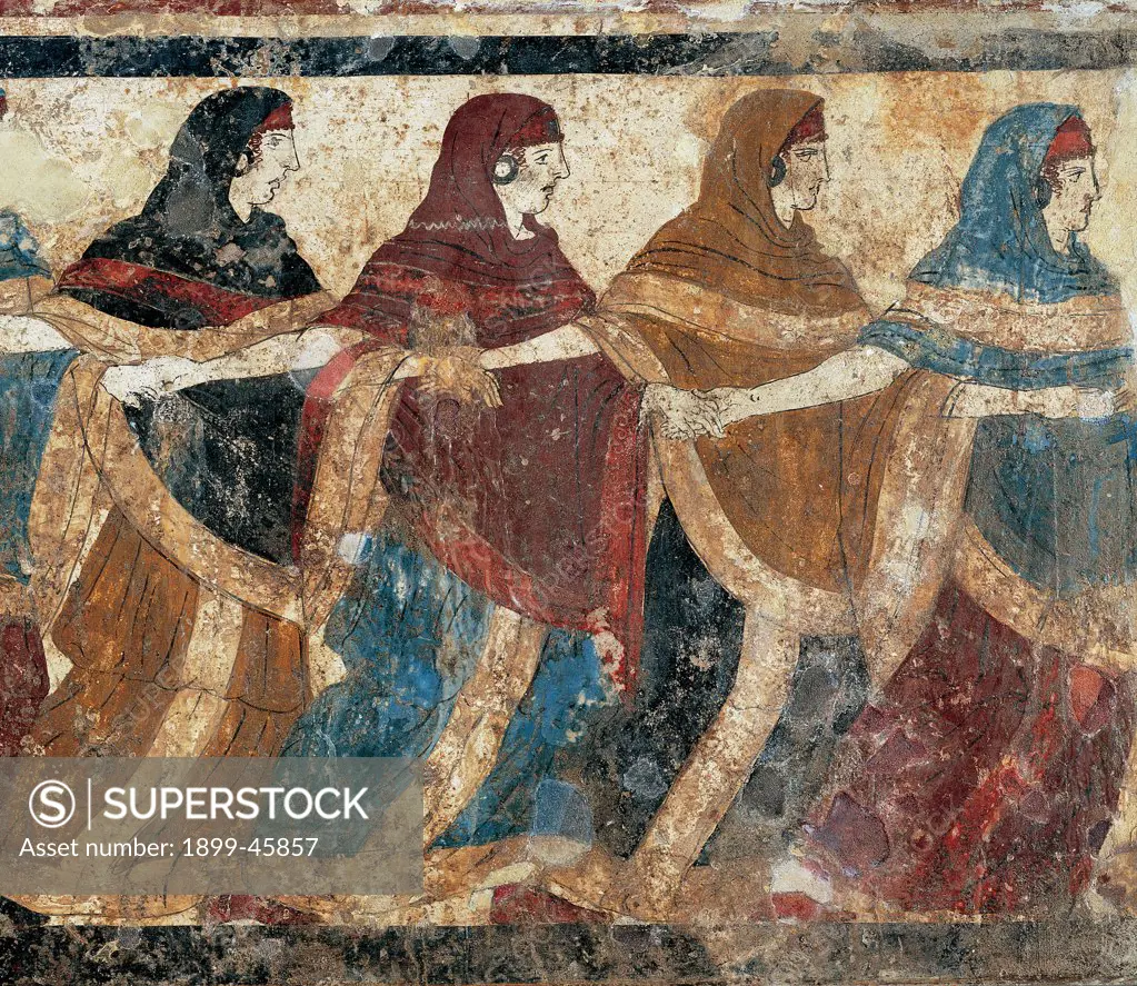 Ruvo, painted slab of tomb 11, representing the threnos of dancers, funeral dance around the corpse, by Master of the Ruvo Painting, 5th Century -4th Century b.C.,, fresco on limestone. Italy: Campania: Naples: National Archaeological Museum. Detail. Ruvo fresco-painted slab threnos dancers yellow brown sky-blue red light blue/azure frieze sepulchral chamber procession young women