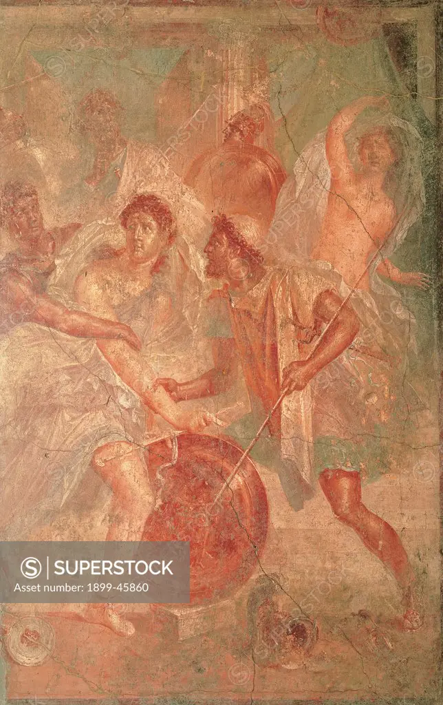 Achilles in Shiro, by Unknown artist, 1st Century, fresco (mural). Italy: Campania: Naples: National Archaeological Museum. Detail. Wall decoration Greek hero man Achilles lance/spear shield girls naked woman Deidamia