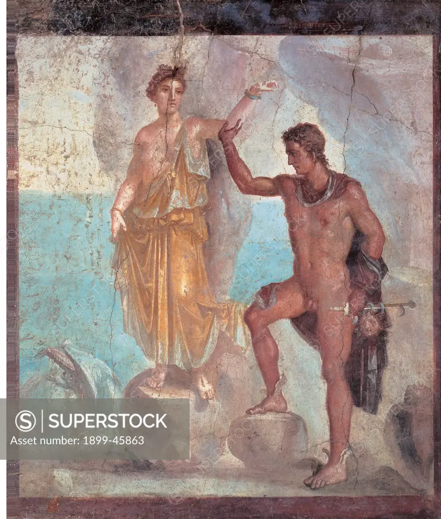 Perseus and Andromeda, by Unknown artist, 50 - 79, 1st Century, painted plaster, fresco (mural). Italy: Campania: Naples: National Archaeological Museum: inv. 8998. Whole artwork. Wall decoration woman drapery Andromeda Nereid naked man hero Perseus head Gorgon rock