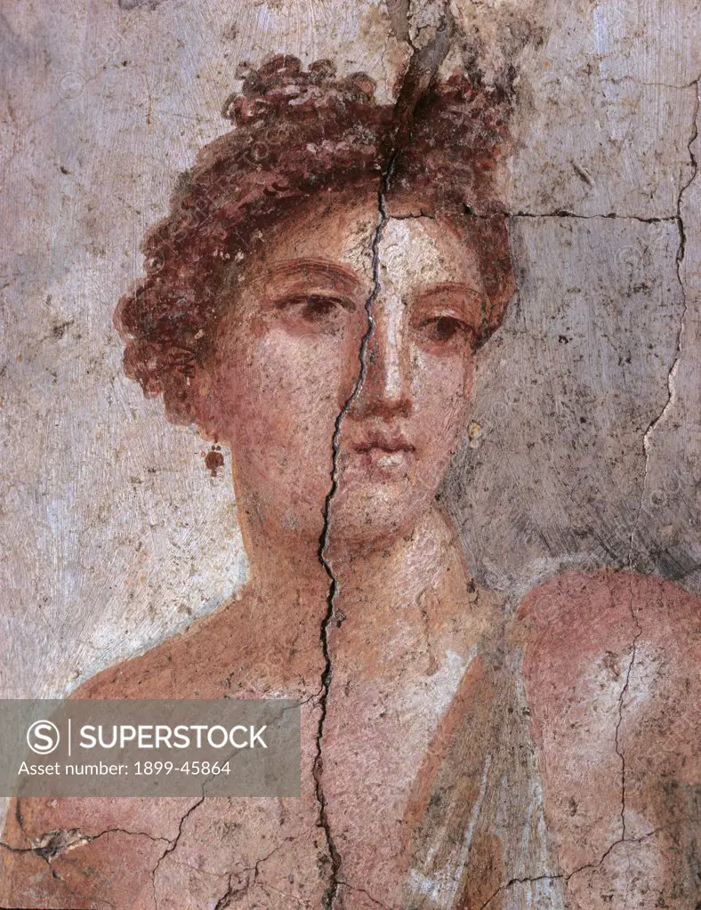 Perseus and Andromeda, by Unknown artist, 50 - 79, 1st Century, painted plaster, fresco (mural). Italy: Campania: Naples: National Archaeological Museum: inv. 8998. Detail. Wall decoration face woman Andromeda Nereid