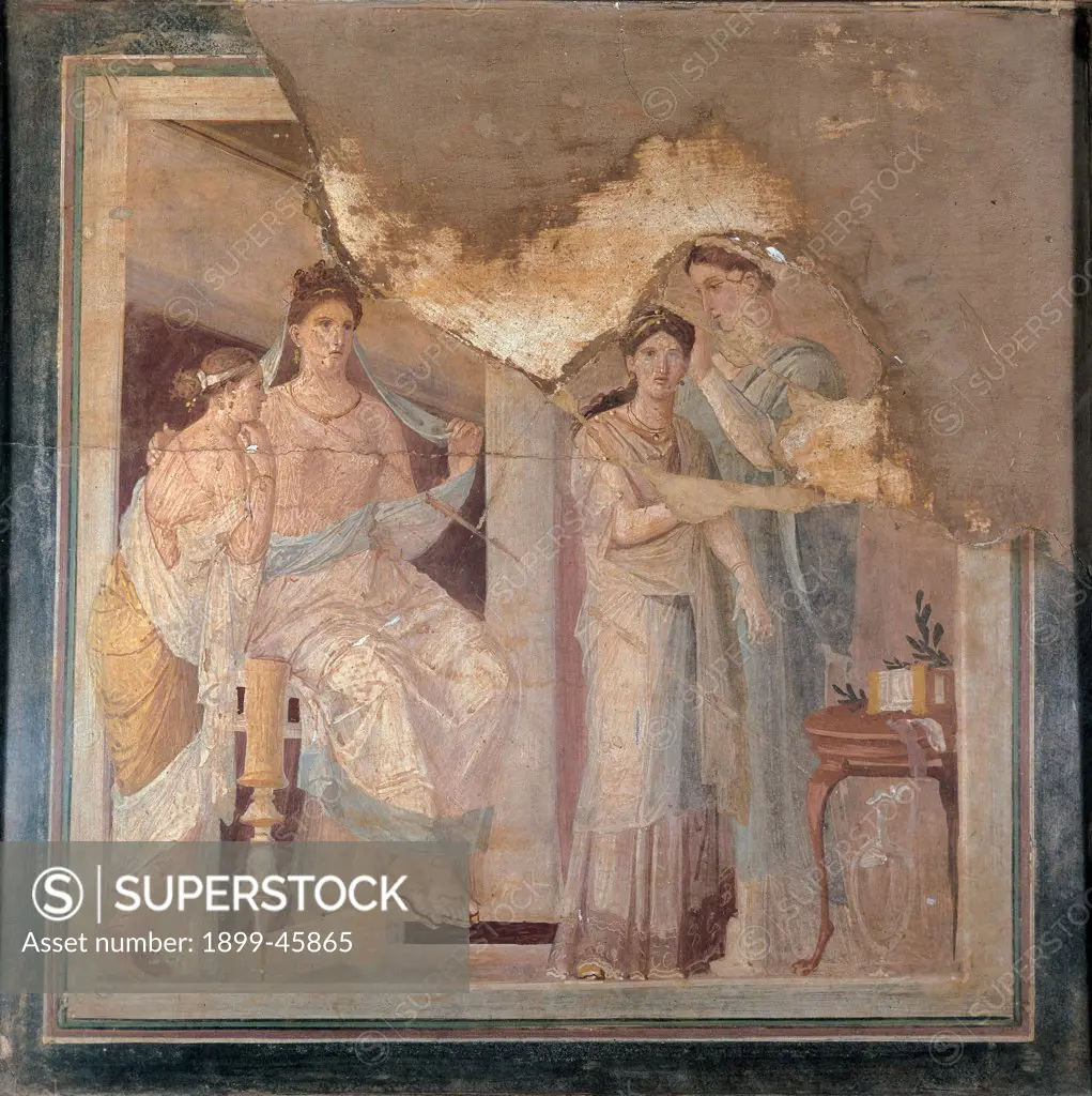 Clothing of Priestess, by Unknown artist, 1st Century, plaster detached fresco (mural). Italy: Campania: Naples: National Archaeological Museum: inv. 9022 da Ercolano. Whole artwork. Wall decoration panel dressing/clothing woman priestess girl table bandage olive branch jug/pitcher glass oinochoe embroidered tunic drapery himation