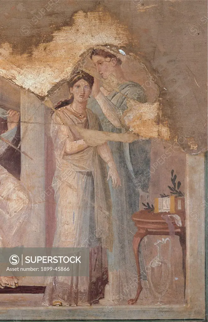 Clothing of Priestess, by Unknown artist, 1st Century, plaster detached fresco (mural). Italy: Campania: Naples: National Archaeological Museum: inv. 9022 da Ercolano. Detail. Wall decoration frame woman girl table bandage olive branch glass pitcher oinochoe embroidered tunic drapery himation
