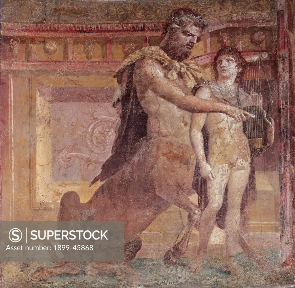 Chiron and Achilles Child, by Unknown artist, 1st Century, fresco (mural). Italy: Campania: Naples: National Archaeological Museum. Whole artwork. Wall decoration fresco centaur Chiron master educator Achilles naked child musical instruments lyre plucked strings plectrum
