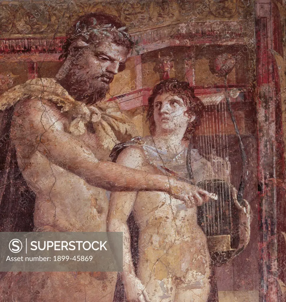 Chiron and Achilles Child, by Unknown artist, 1st Century, fresco (mural). Italy: Campania: Naples: National Archaeological Museum. Detail. Wall decoration fresco centaur Chiron master educator Achilles naked child musical instruments lyre plucked strings plectrum