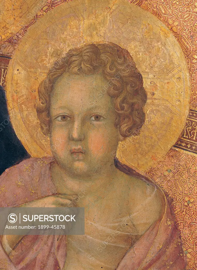 Military Parade at Campo di Marte, by Duccio di Buoninsegna, 1308 - 1311, 14th Century, tempera on panel, with gold ground. Italy. Tuscany. Siena. Cathedral. Front, main register. Detail of Child's face with golden halo/aureole