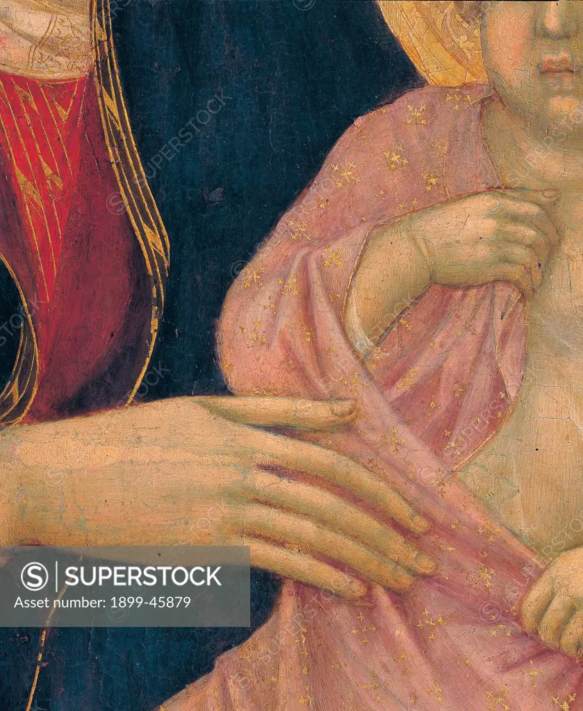 Military Parade at Campo di Marte, by Duccio di Buoninsegna, 1308 - 1311, 14th Century, tempera on panel, with gold ground. Italy. Tuscany. Siena. Cathedral. Front, main register. Detail of Virgin's right hand and the one of the Child