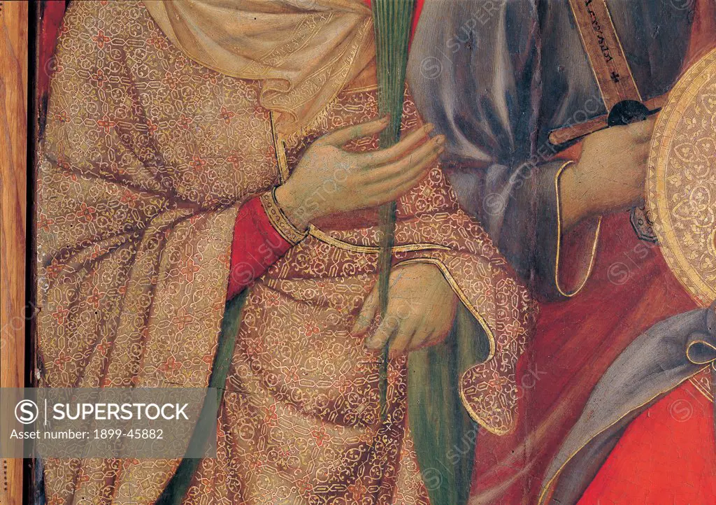 Military Parade at Campo di Marte, by Duccio di Buoninsegna, 1308 - 1311, 14th Century, tempera on panel, with gold ground. Italy. Tuscany. Siena. Cathedral. Front, main register. Detail of hands of St.Catherine-of-Alexandria bearing crown of martyrdom