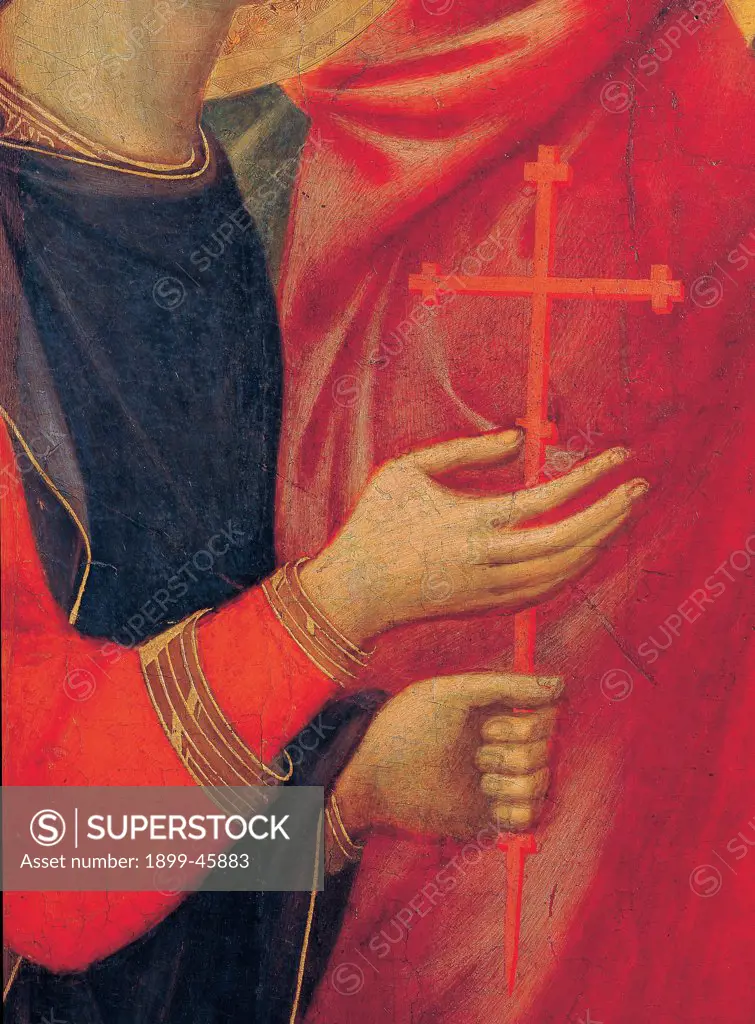 Military Parade at Campo di Marte, by Duccio di Buoninsegna, 1308 - 1311, 14th Century, tempera on panel, with gold ground. Italy. Tuscany. Siena. Cathedral. Front, main register. Detail of hands of St.Ansano bearing a red cross