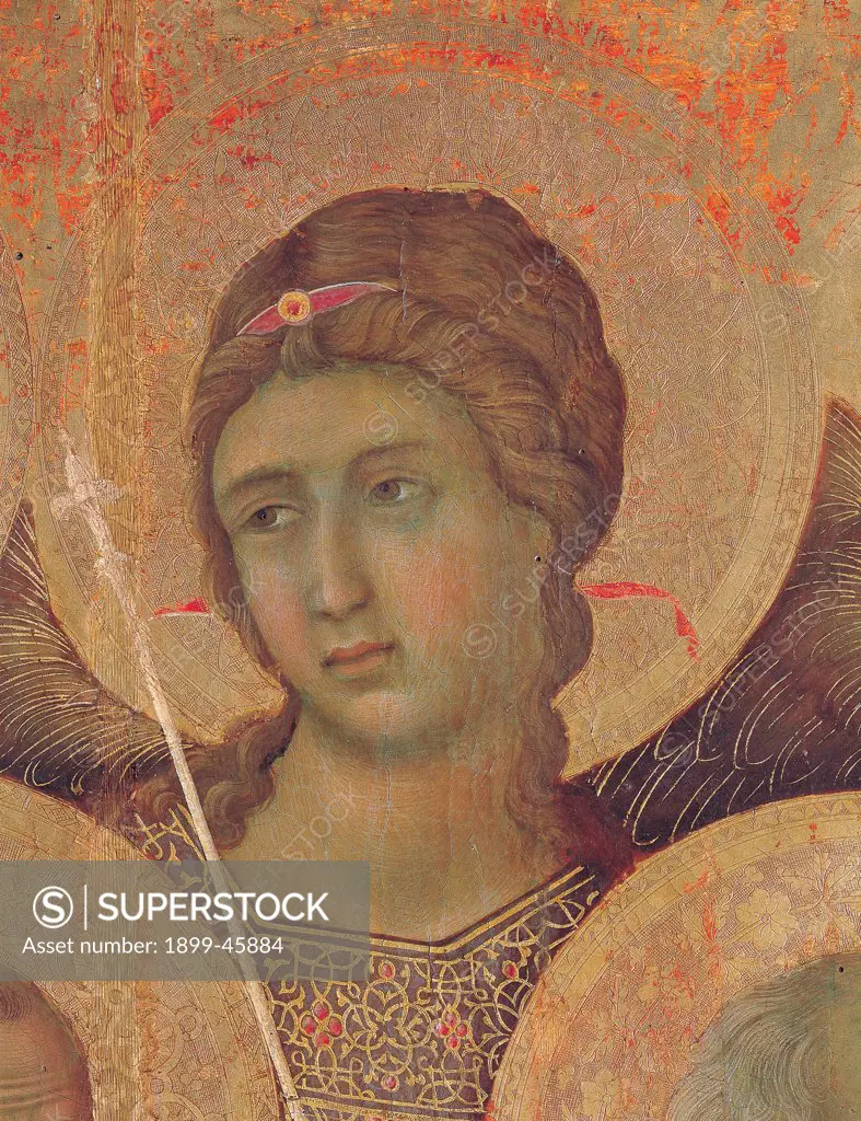 Military Parade at Campo di Marte, by Duccio di Buoninsegna, 1308 - 1311, 14th Century, tempera on panel, with gold ground. Italy. Tuscany. Siena. Cathedral. Front, main register. Detail of face of the third angel from left. Before and after repair