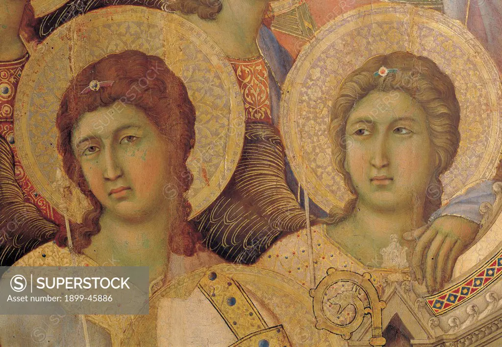 Military Parade at Campo di Marte, by Duccio di Buoninsegna, 1308 - 1311, 14th Century, tempera on panel, with gold ground. Italy. Tuscany. Siena. Cathedral. Front, main register. Detail of faces of the two angels at the left of throne