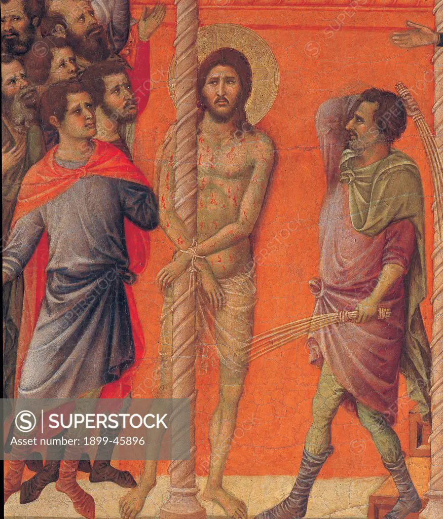 The Maesta, front, by Duccio di Buoninsegna, 1308 - 1311, 14th Century, tempera on panel. Italy. Tuscany. Siena. Cathedral. Back, upper fascia, second panel up of Flogging. Detail of Christ at column flogged at presence of crowd in space with red-orange walls