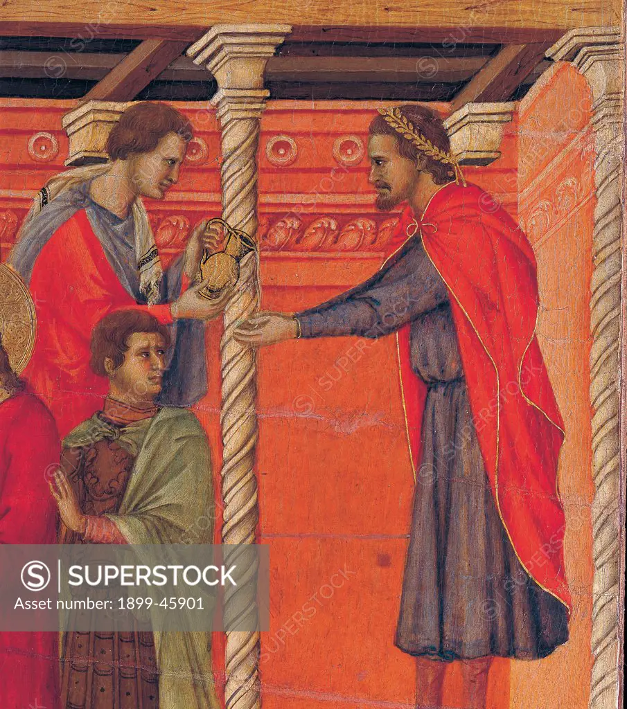 The Maesta, front, by Duccio di Buoninsegna, 1308 - 1311, 14th Century, tempera on panel. Italy. Tuscany. Siena. Cathedral. Back, upper fascia, third panel down of Pilate washing his hands. Detail of a servant pouring out some water from a pitcher to Pilate dressing red cloak/mantle and laurel crown. The white twisty column is contrasting on the background of the red-orange wall