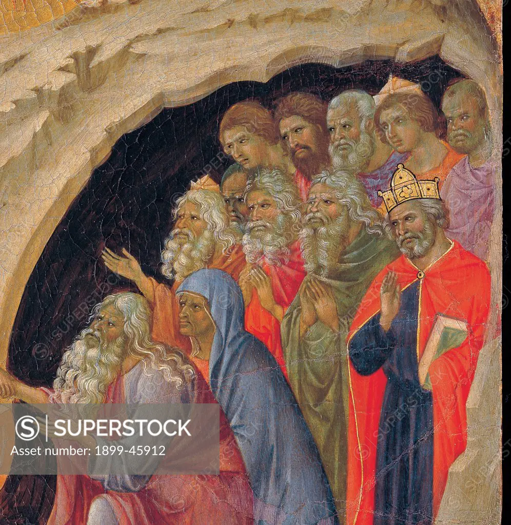 The Maesta, front, by Duccio di Buoninsegna, 1308 - 1311, 14th Century, tempera on panel. Italy. Tuscany. Siena. Cathedral. Back, upper fascia, detail sixth panel down of Descent to Limbo. Souls coming out from a cave of bearded men and a king with bright colored clothes (red, light-blue/azure, blue)
