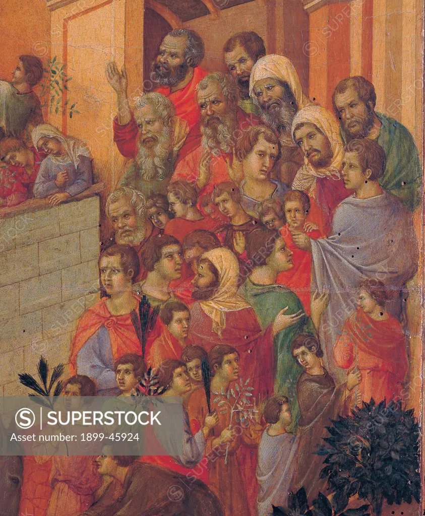 The Maesta, front, by Duccio di Buoninsegna, 1308 - 1311, 14th Century, tempera on panel. Italy: Tuscany: Siena: Cathedral. Verso, lower fascia, first panel. Entry into Jerusalem. The crowd welcomes Jesus with palm and olive branches. Bright color clothes, predominance of red.