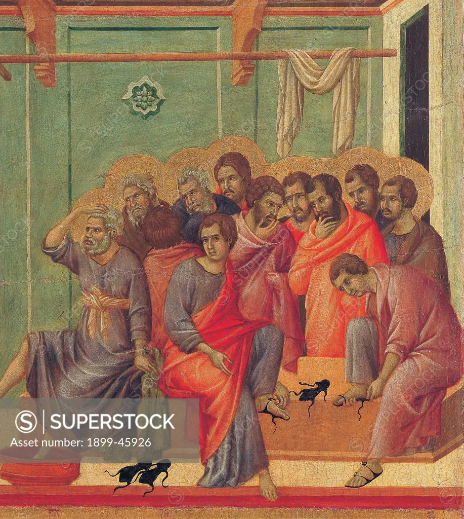 The Maesta, front, by Duccio di Buoninsegna, 1308 - 1311, 14th Century, tempera on panel. Italy. Tuscany. Siena. Cathedral. Verso, lower fascia, second panel at the top. Washing of the Feet, detail of the apostles, in a room with green walls. Two apostles wearing sandals.