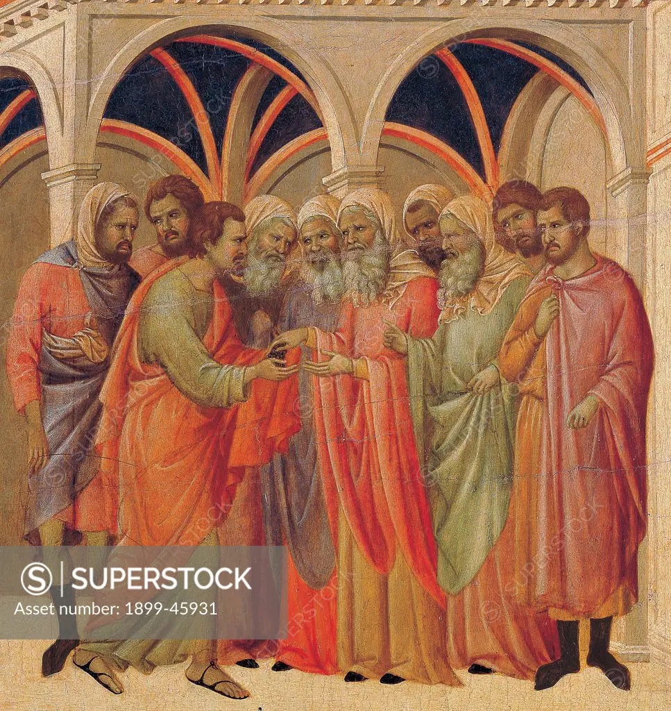 The Maesta, front, by Duccio di Buoninsegna, 1308 - 1311, 14th Century, tempera on panel. Italy: Tuscany: Siena: Cathedral. Verso, lower fascia, third panel at the top. Pact of Judas. Judas receiving money from a group of bearded men in bright clothes. Predominance of red color.