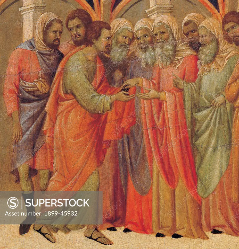 The Maesta, front, by Duccio di Buoninsegna, 1308 - 1311, 14th Century, tempera on panel. Italy: Tuscany: Siena: Cathedral. Verso, lower fascia, third panel at the top. Pact of Judas, detail. Judas, wearing black sandals and red mantle/cloak, receives money from a group of bearded men in bright clothes.